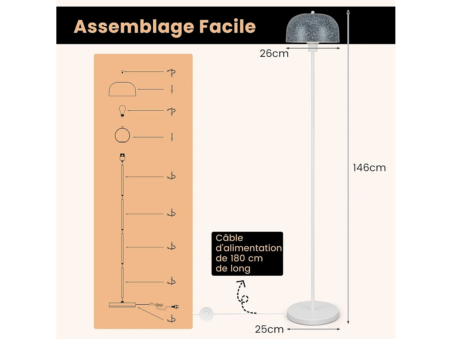 Lampadaire sur Pied de 146 cm, Lampe avec Abat-Jour et Interrupteur au Pied, Lampe avec Base Lestée Culot E27 pour Salon Chambre Bureau