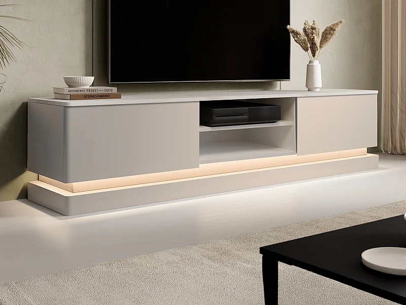 TV-Möbel - 2 Schubladen & 2 Ablagefächer - Mit LED-Beleuchtung - MDF - Beige & Marmor-Optik Weiß - DEVIKA von Pascal MORABITO
