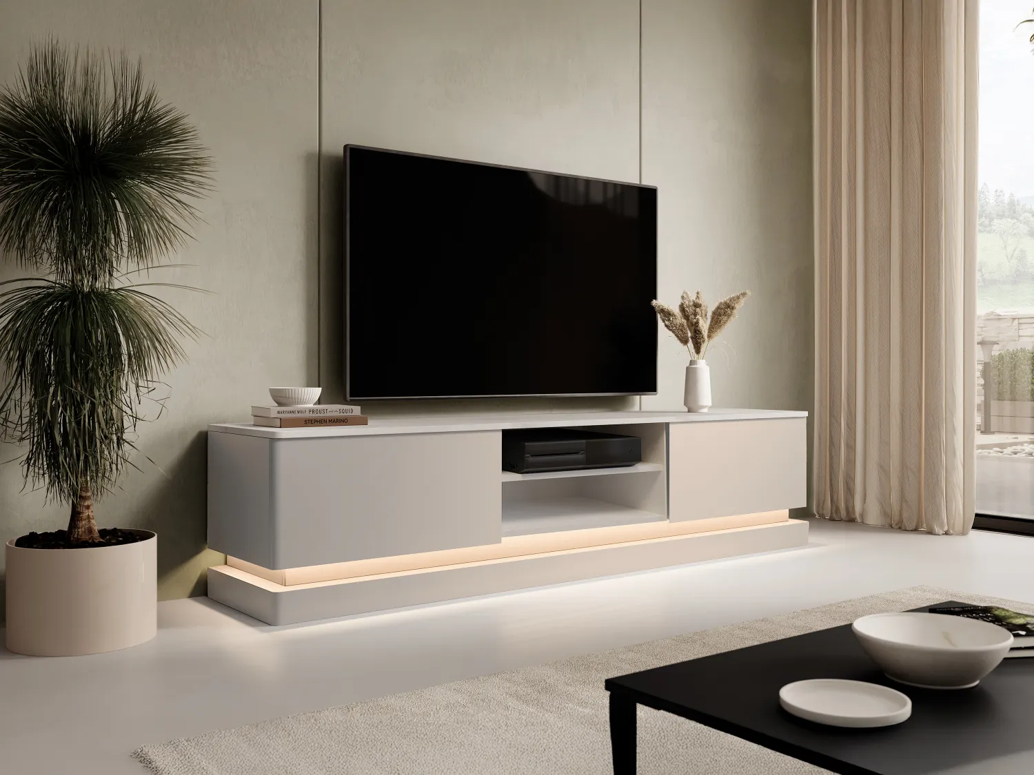 Mueble de TV con 2 cajones y 2 estantes con luces LED en MDF - Beige y efecto mármol blanco - DEVIKA de Pascal MORABITO