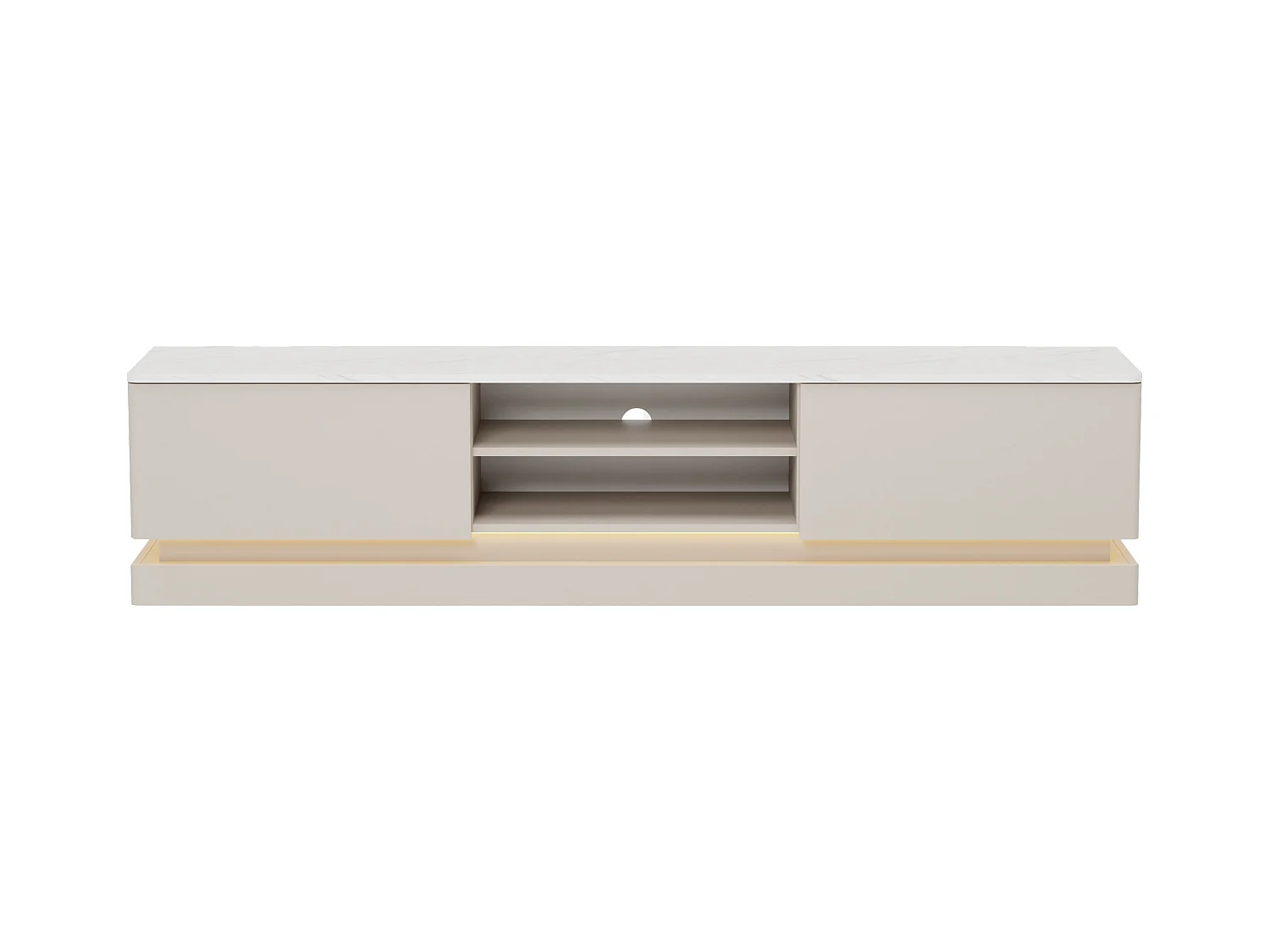 TV-Möbel - 2 Schubladen & 2 Ablagefächer - Mit LED-Beleuchtung - MDF - Beige & Marmor-Optik Weiß - DEVIKA von Pascal MORABITO