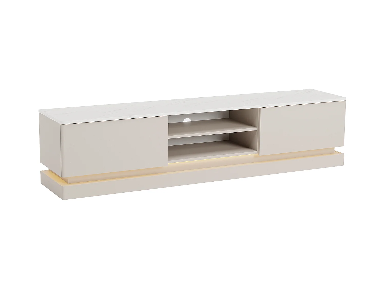 TV-Möbel - 2 Schubladen & 2 Ablagefächer - Mit LED-Beleuchtung - MDF - Beige & Marmor-Optik Weiß - DEVIKA von Pascal MORABITO