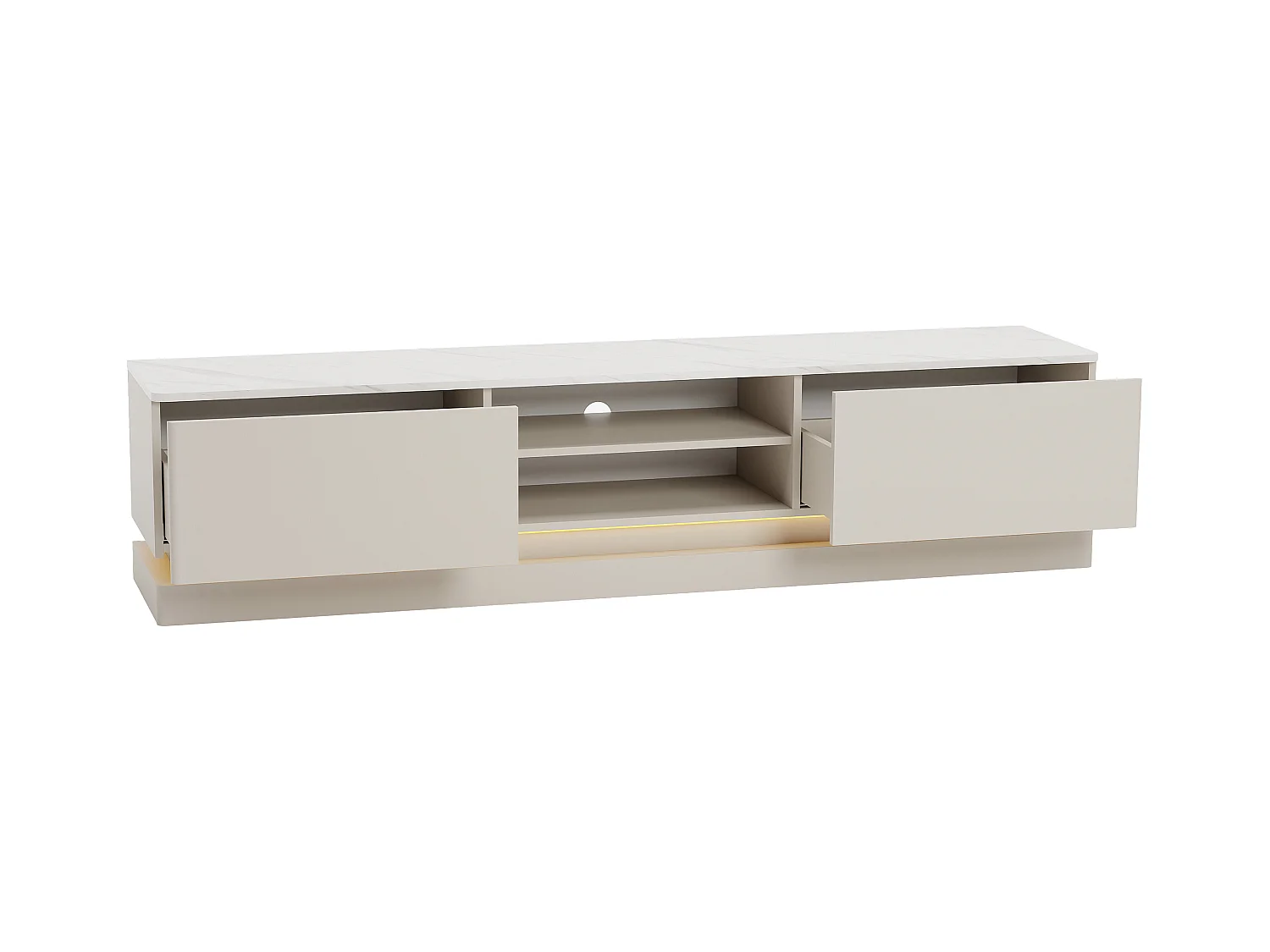 TV-Möbel - 2 Schubladen & 2 Ablagefächer - Mit LED-Beleuchtung - MDF - Beige & Marmor-Optik Weiß - DEVIKA von Pascal MORABITO