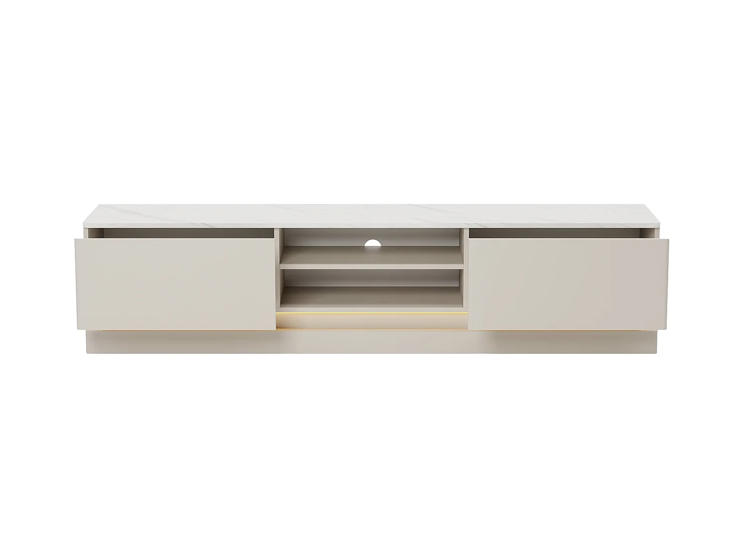 TV-Möbel - 2 Schubladen & 2 Ablagefächer - Mit LED-Beleuchtung - MDF - Beige & Marmor-Optik Weiß - DEVIKA von Pascal MORABITO