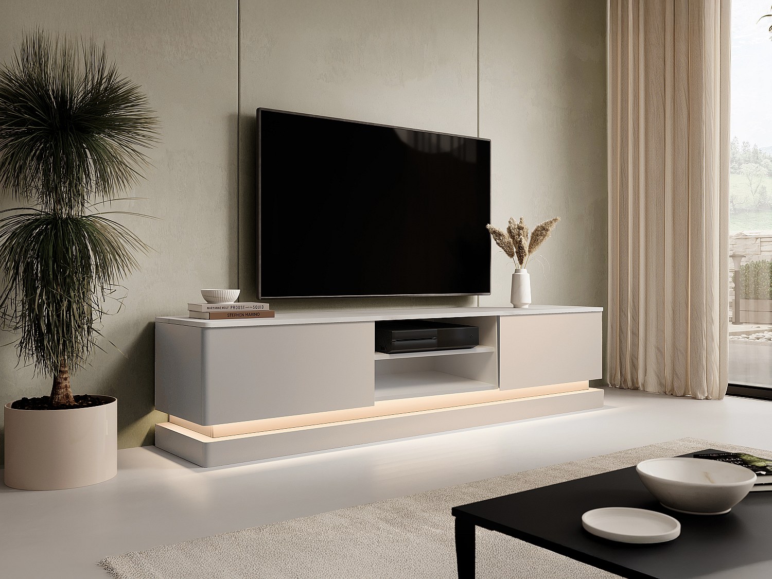 Vente-unique Tv-Möbel - 2 Schubladen & 2 Ablagefächer - Mit Led-Beleuchtung - Mdf - Beige & Marmor-Optik Weiß - Devika Von Pascal Morabito