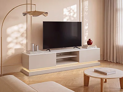 Tv-meubel in MDF met 2 lades, 2 vakken en ledverlichting - Beige en witte marmereffect - DEVIKA