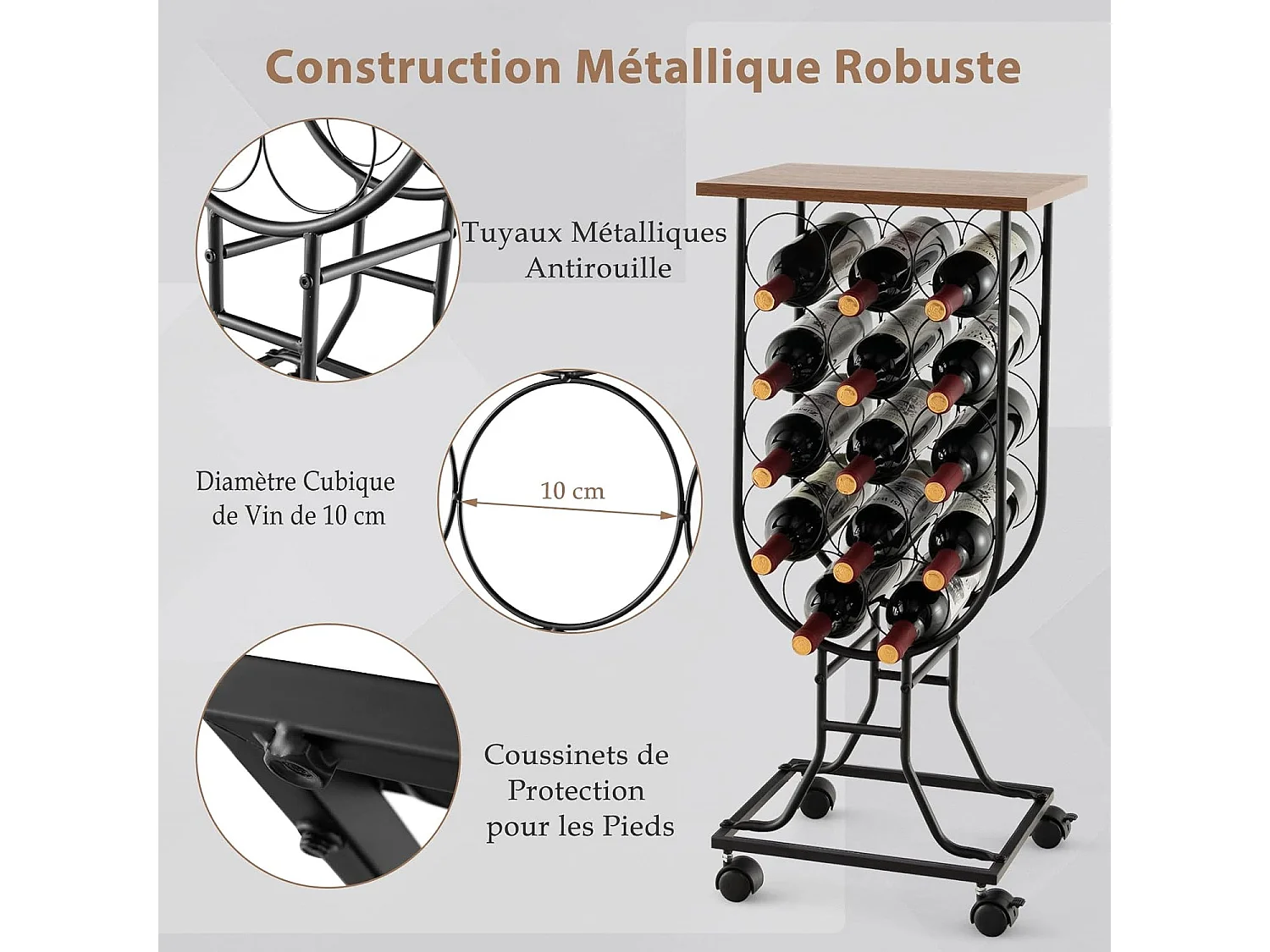 Casier à Vin Industriel en Métal pour 14 Bouteilles, Étagère à Vin Porte Bouteilles avec Roues Amovibles et Verrouillables, Cadre en métal solide, Style industriel