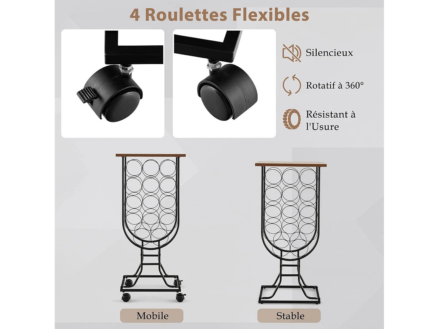 Casier à Vin Industriel en Métal pour 14 Bouteilles, Étagère à Vin Porte Bouteilles avec Roues Amovibles et Verrouillables, Cadre en métal solide, Style industriel