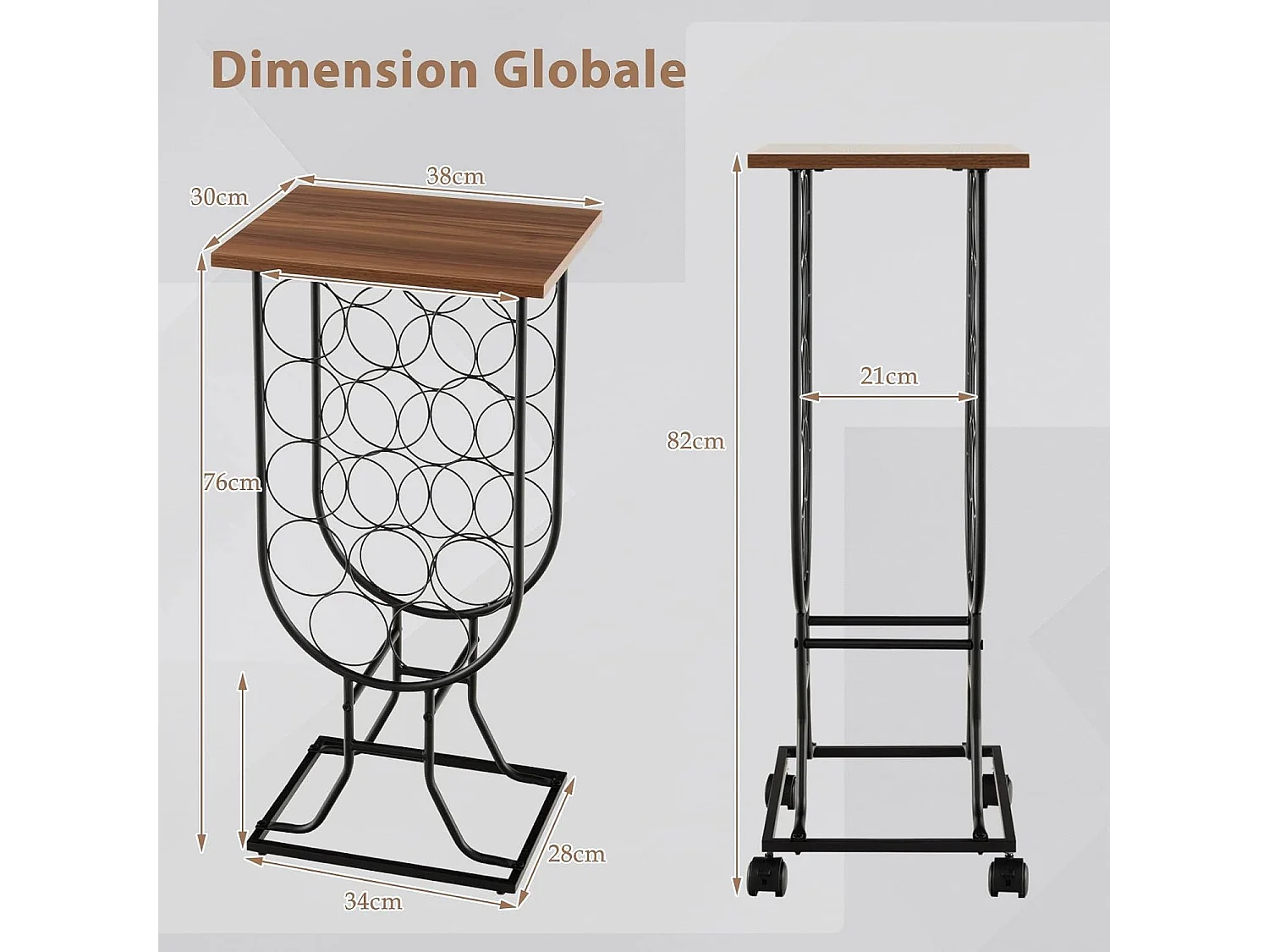 Casier à Vin Industriel en Métal pour 14 Bouteilles, Étagère à Vin Porte Bouteilles avec Roues Amovibles et Verrouillables, Cadre en métal solide, Style industriel