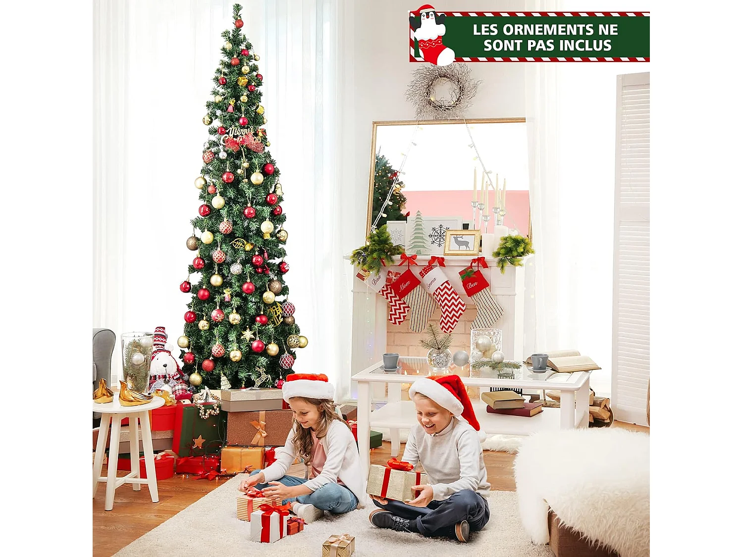 Sapin de Noël Artificiel Demi-forme 210 cm, 150 Lumières LED Blanc Chaud, Arbre de Noël Pliable avec 450 Branches, Support en Métal, Décoration de Noël Fête, Convient pour Les Coins