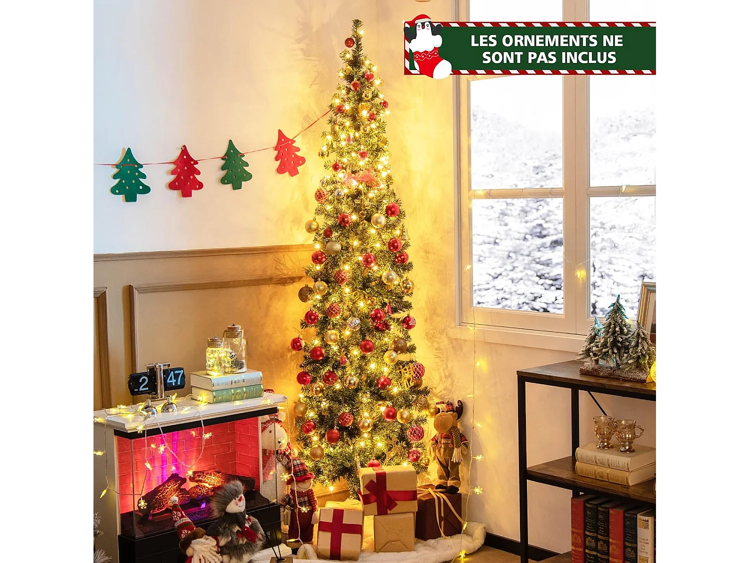 Sapin de Noël Artificiel Demi-forme 210 cm, 150 Lumières LED Blanc Chaud, Arbre de Noël Pliable avec 450 Branches, Support en Métal, Décoration de Noël Fête, Convient pour Les Coins