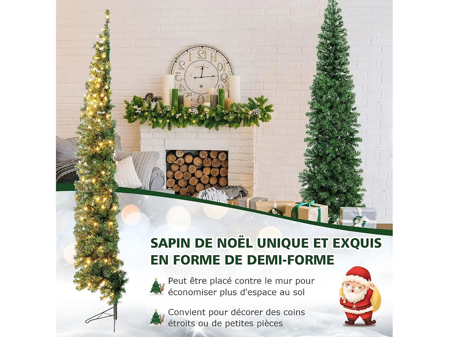 Sapin de Noël Artificiel Demi-forme 210 cm, 150 Lumières LED Blanc Chaud, Arbre de Noël Pliable avec 450 Branches, Support en Métal, Décoration de Noël Fête, Convient pour Les Coins