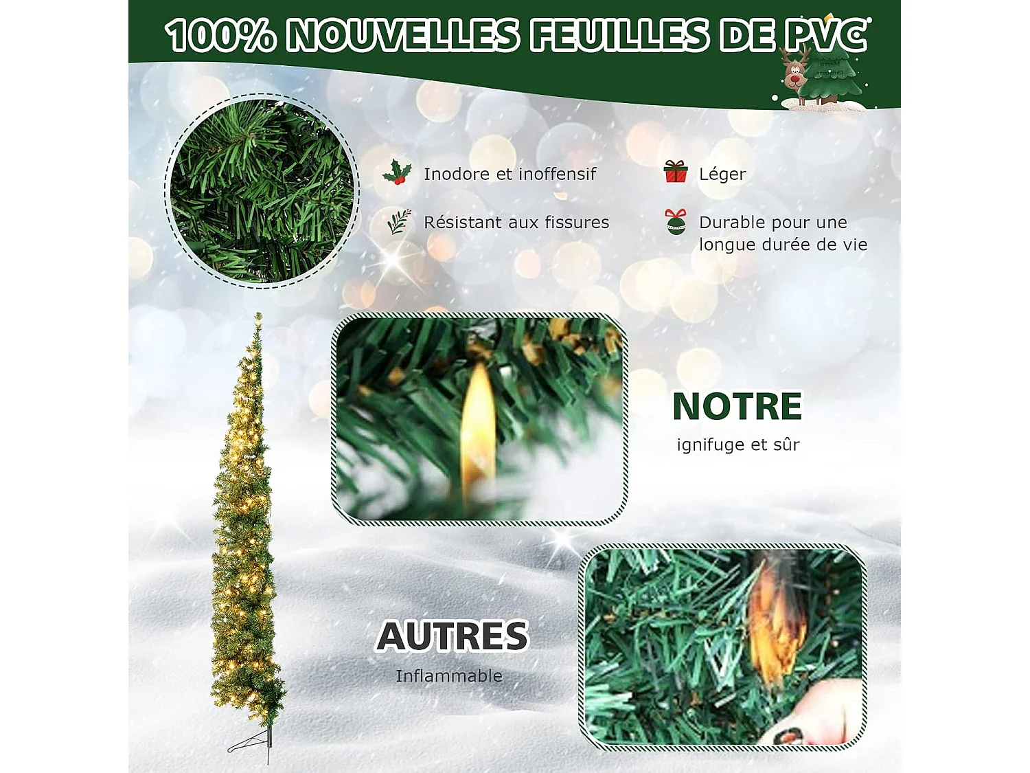 Sapin de Noël Artificiel Demi-forme 210 cm, 150 Lumières LED Blanc Chaud, Arbre de Noël Pliable avec 450 Branches, Support en Métal, Décoration de Noël Fête, Convient pour Les Coins