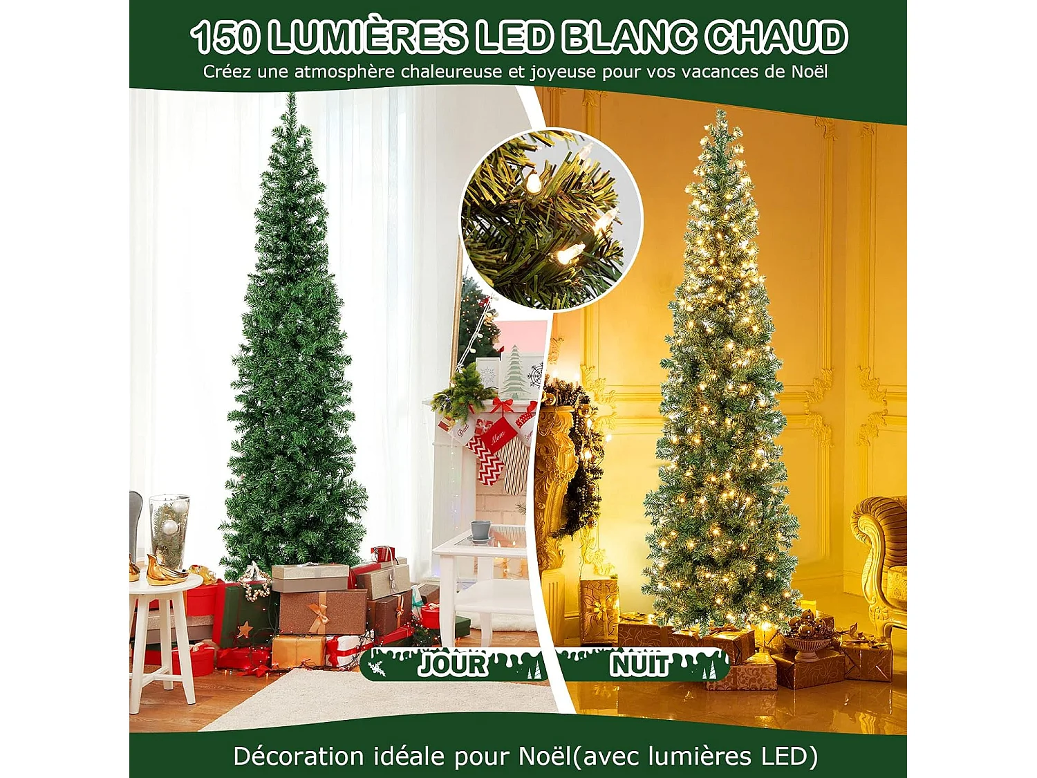 Sapin de Noël Artificiel Demi-forme 210 cm, 150 Lumières LED Blanc Chaud, Arbre de Noël Pliable avec 450 Branches, Support en Métal, Décoration de Noël Fête, Convient pour Les Coins