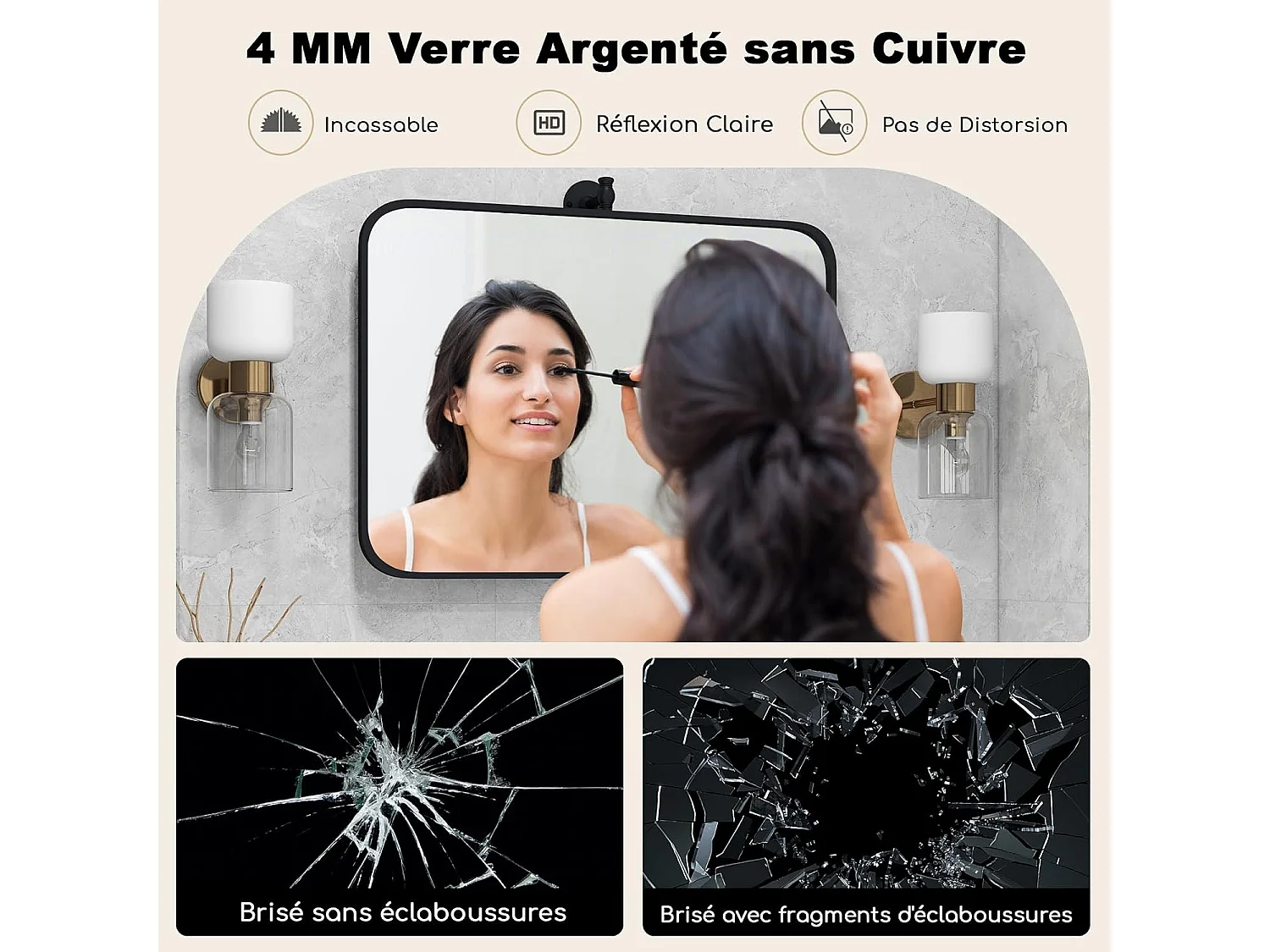 Miroir Salle de Bain 76,5 × 56 cm,4MM Verre Argenté sans Cuivre,  Miroir rectangulaire pivotant, Films antidéflagrant
