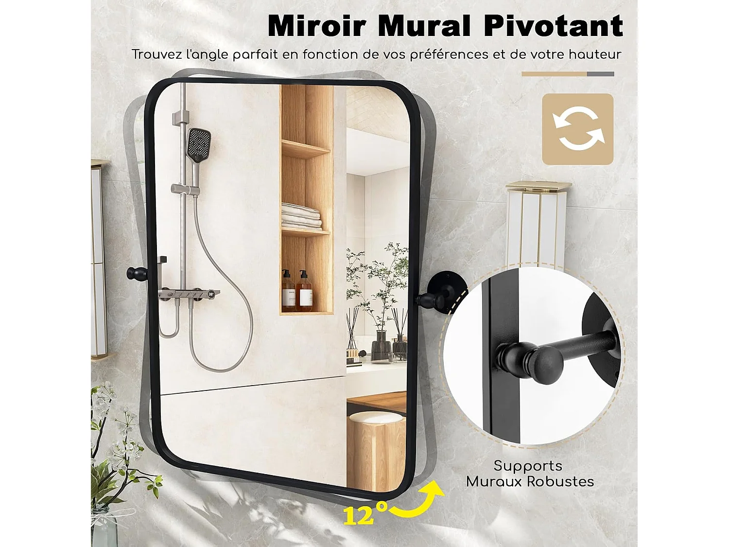 Miroir Salle de Bain 76,5 × 56 cm,4MM Verre Argenté sans Cuivre,  Miroir rectangulaire pivotant, Films antidéflagrant