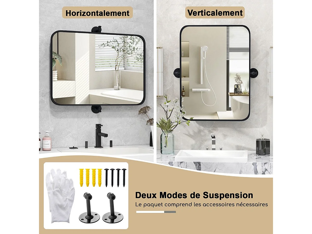 Miroir Salle de Bain 76,5 × 56 cm,4MM Verre Argenté sans Cuivre,  Miroir rectangulaire pivotant, Films antidéflagrant