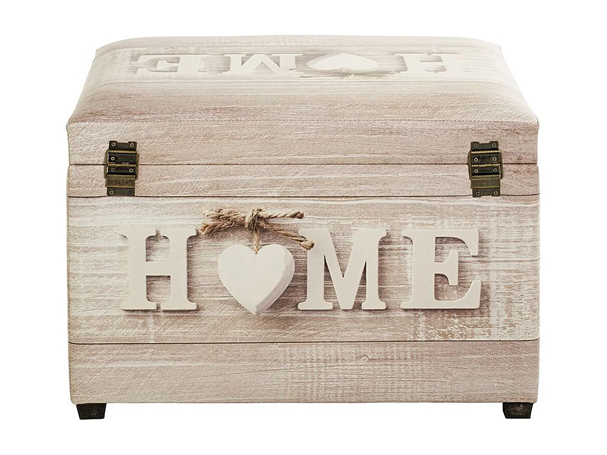Coffre de rangement en bois coloris naturel et simili-cuir motif imprimé "Home" -longueur 58 x profondeur 39 x hauteur 42 cm