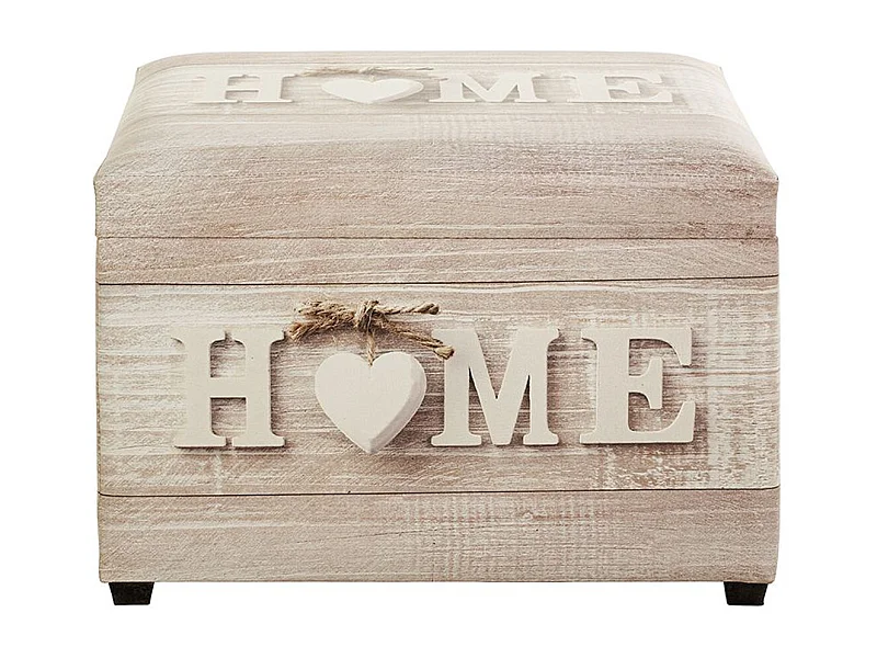 Coffre de rangement en bois coloris naturel et simili-cuir motif imprimé "Home" -longueur 58 x profondeur 39 x hauteur 42 cm