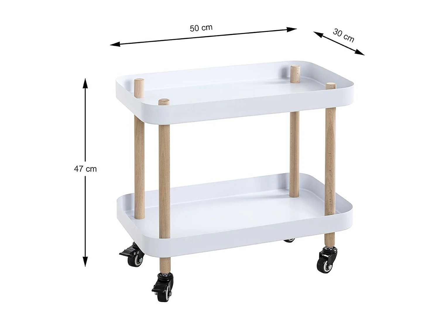 Chariot de service, desserte en bois coloris naturel et métal blanc -longueur 50 x profondeur 30 x hauteur 47 cm