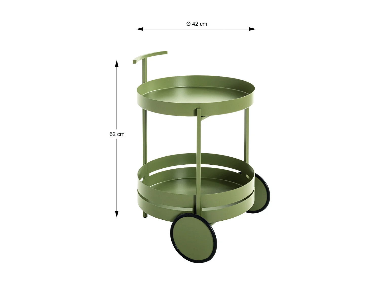 Chariot de cuisine, desserte en métal coloris vert  -  diamètre 42 x hauteur 62 cm