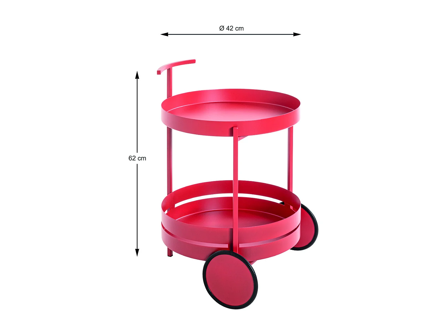 Chariot de cuisine, desserte en métal coloris rouge  -  diamètre 42 x hauteur 62 cm