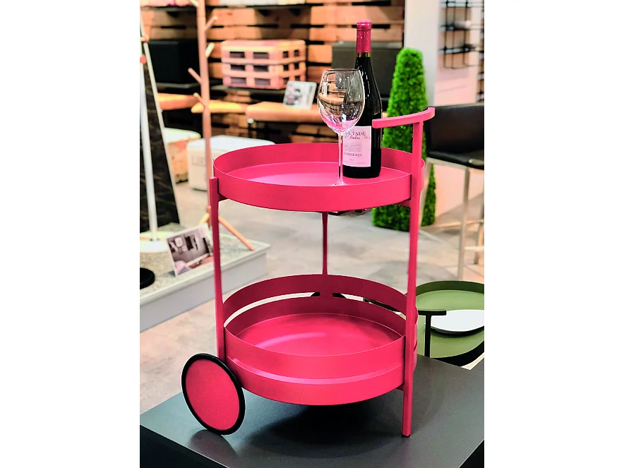 Chariot de cuisine, desserte en métal coloris rouge  -  diamètre 42 x hauteur 62 cm