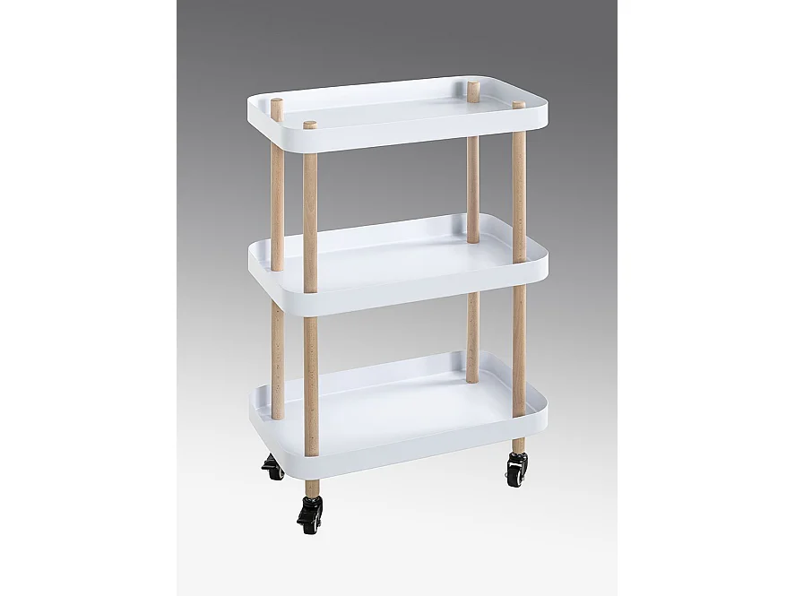 Chariot de service, desserte en bois coloris naturel et métal blanc -longueur 50 x profondeur 30 x hauteur 76 cm