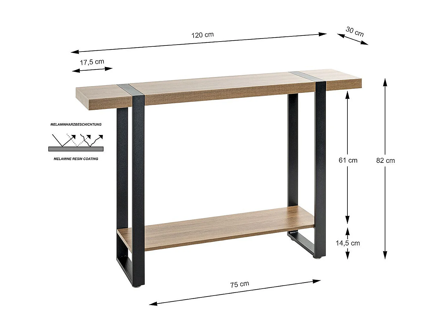 Meuble console, table console en bois coloris chêne et métal noir -longueur  120 x profondeur 30 x hauteur 82 cm