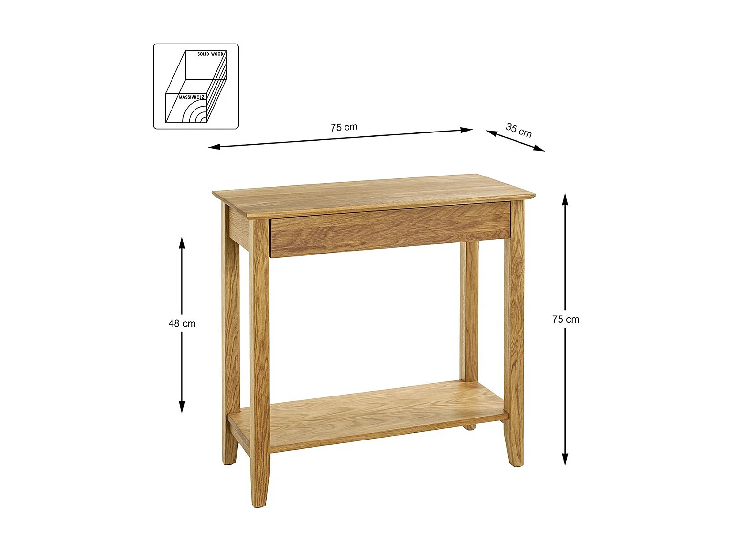 Meuble console, table console en bois massif coloris chêne -longueur 75 x profondeur 35 x hauteur 75 cm