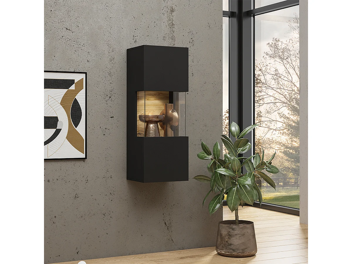 Glora Zwart en Hout 1-deurs wandvitrine