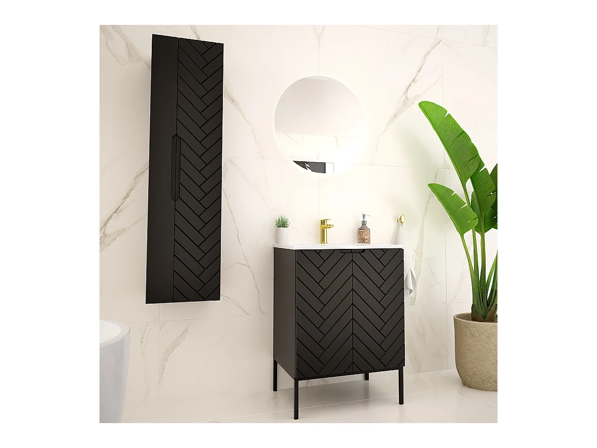 Meuble simple vasque encastrée 60cm 2 portes sur pieds Daria Noir
