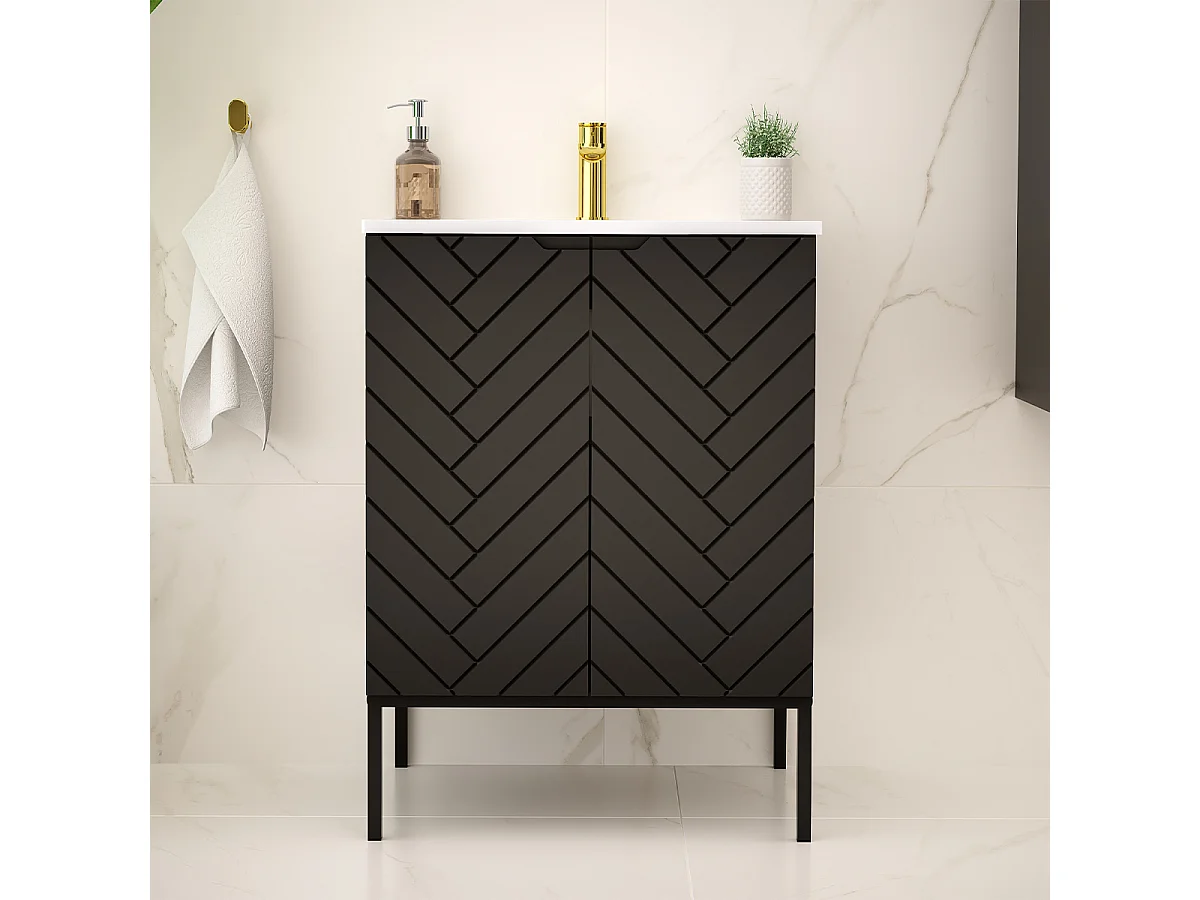 Meuble simple vasque encastrée 60cm 2 portes sur pieds Daria Noir
