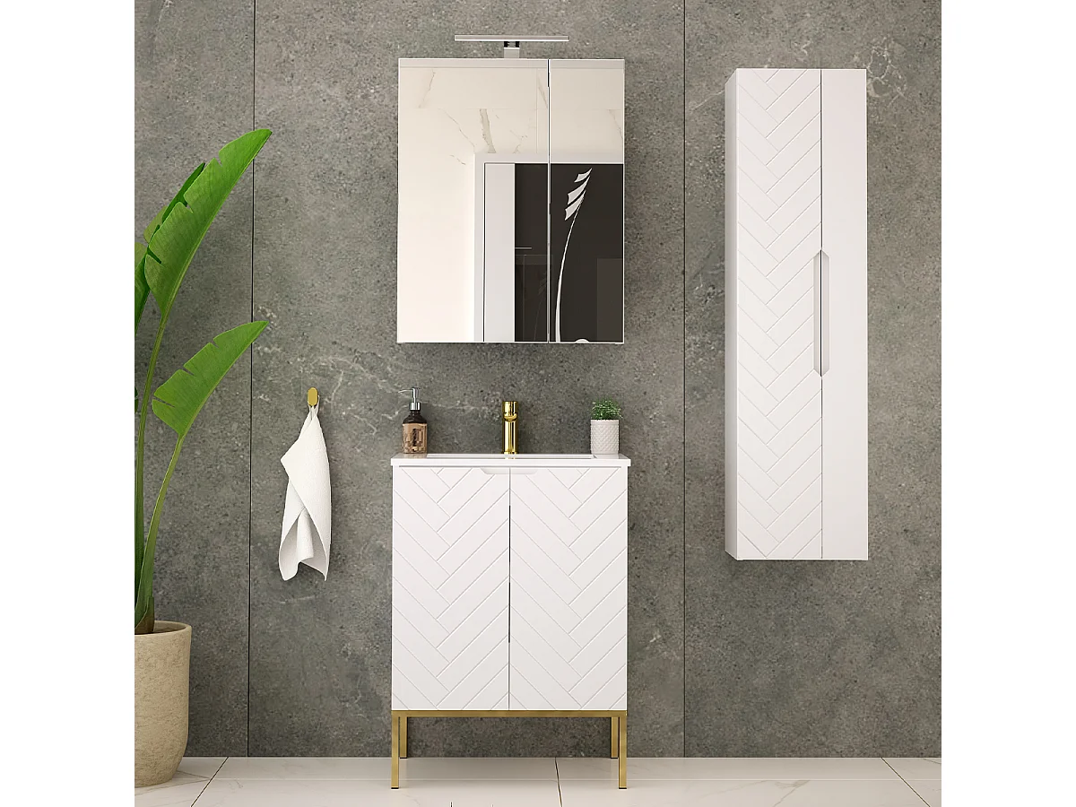 Meuble simple vasque encastrée 60cm 2 portes sur pieds Daria Blanc