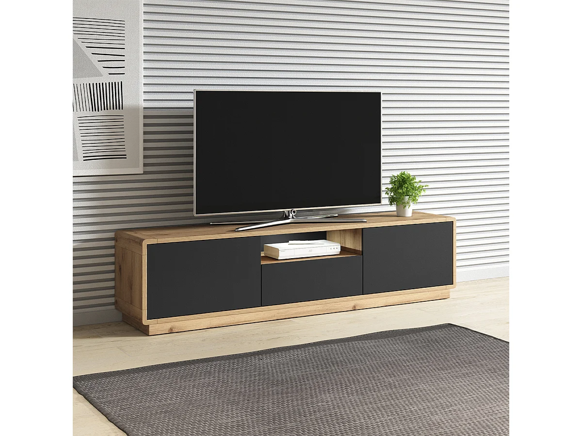 Meuble TV 2 portes 1 tiroir 180 cm Raven Noir et Bois