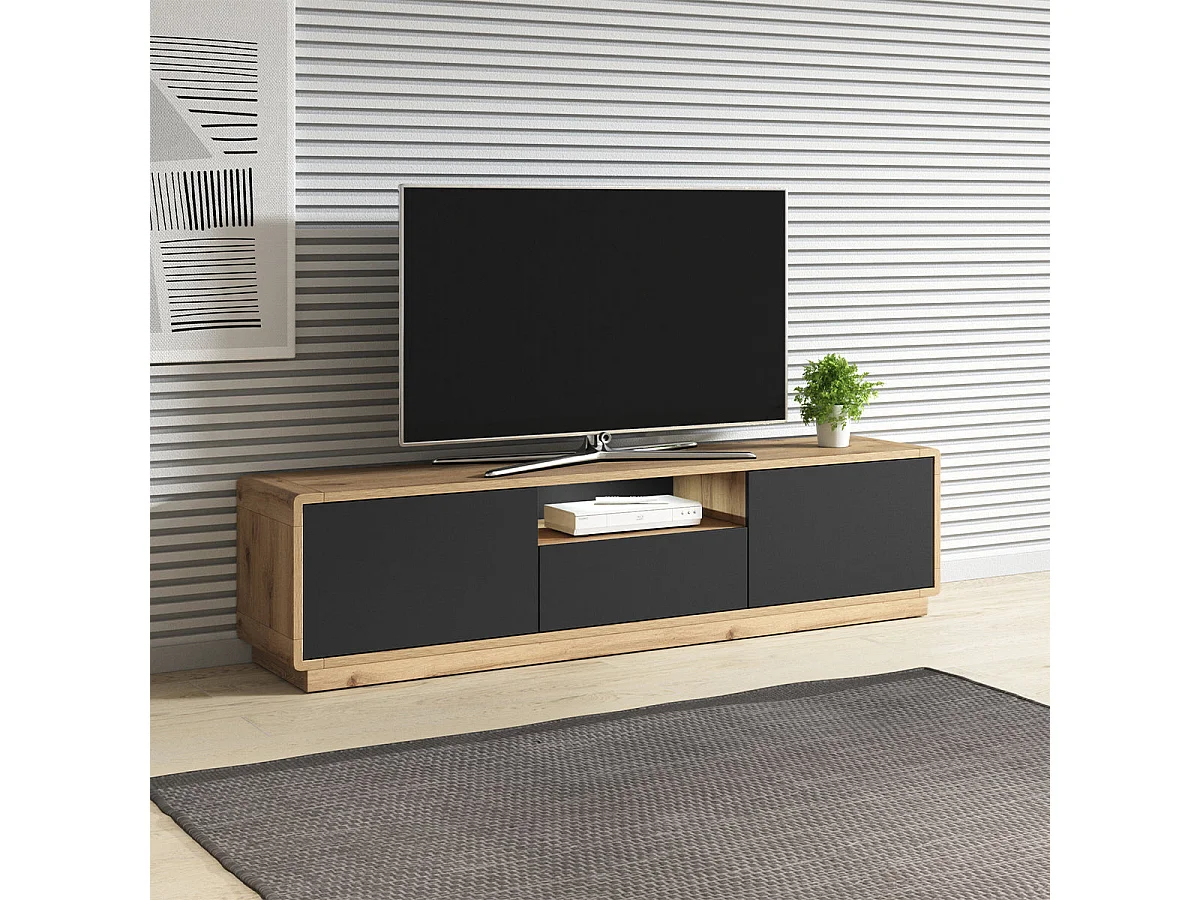 TV-Möbel 2 Türen 1 Schublade 180 cm Raven Schwarz und Holz