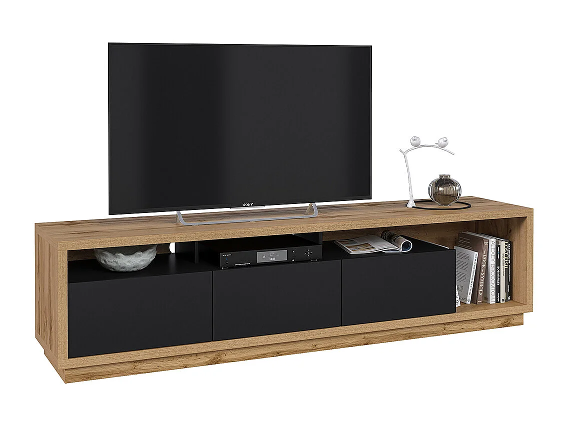 Móvel TV 3 gavetas Asten preto e madeira 200cm