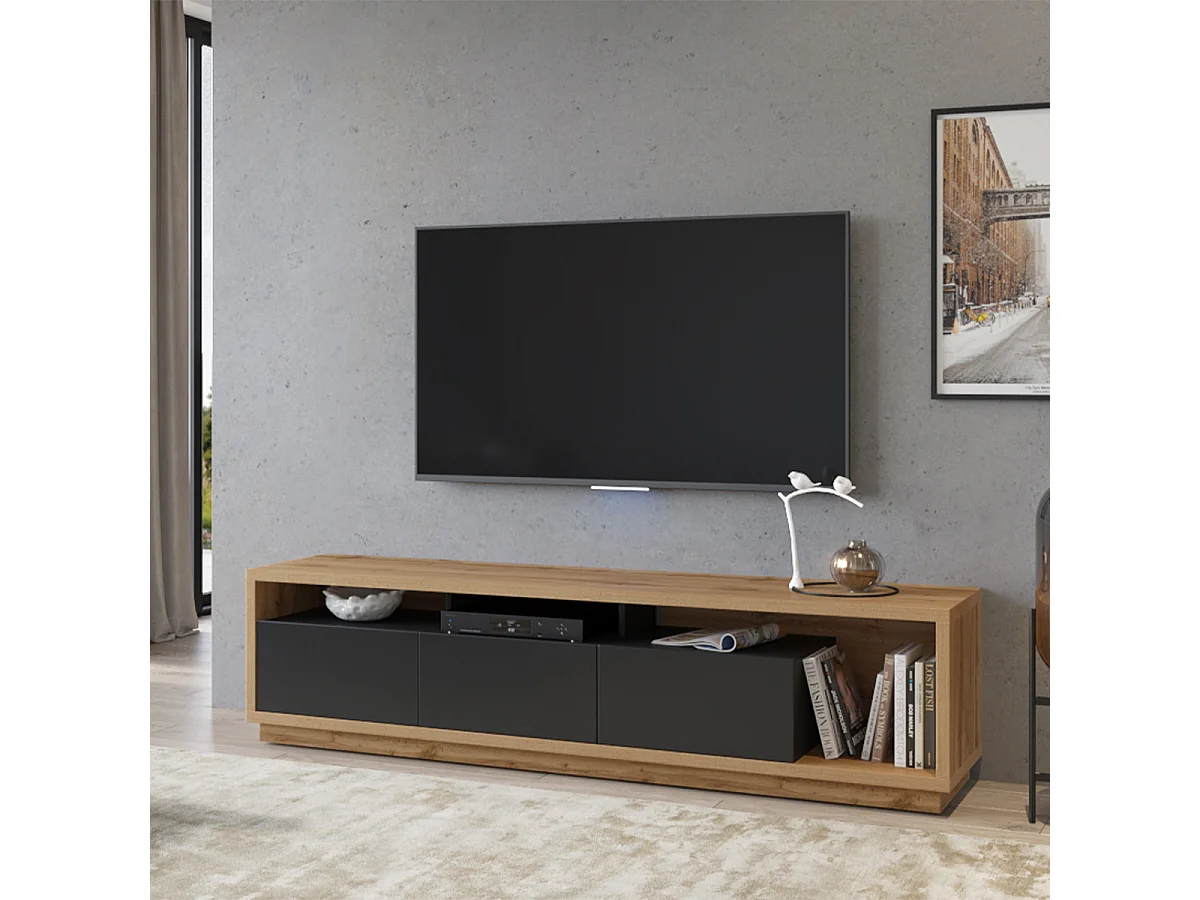 Móvel TV 3 gavetas Asten preto e madeira 200cm
