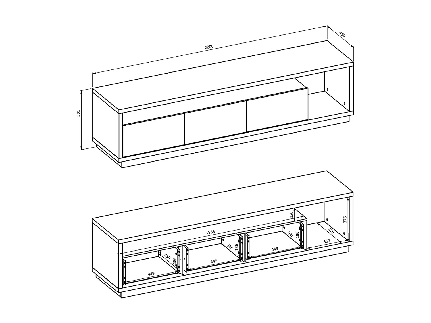 Meuble TV 3 tiroirs 200 cm Asten Blanc et Bois