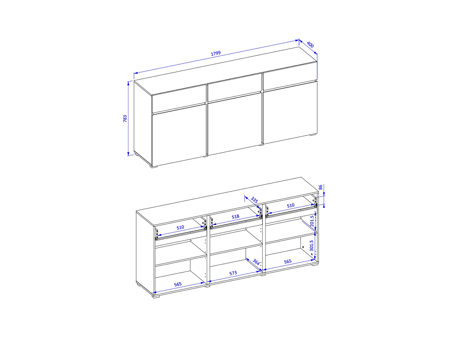 Lilia Taupe 3-deurs dressoir met 3 laden