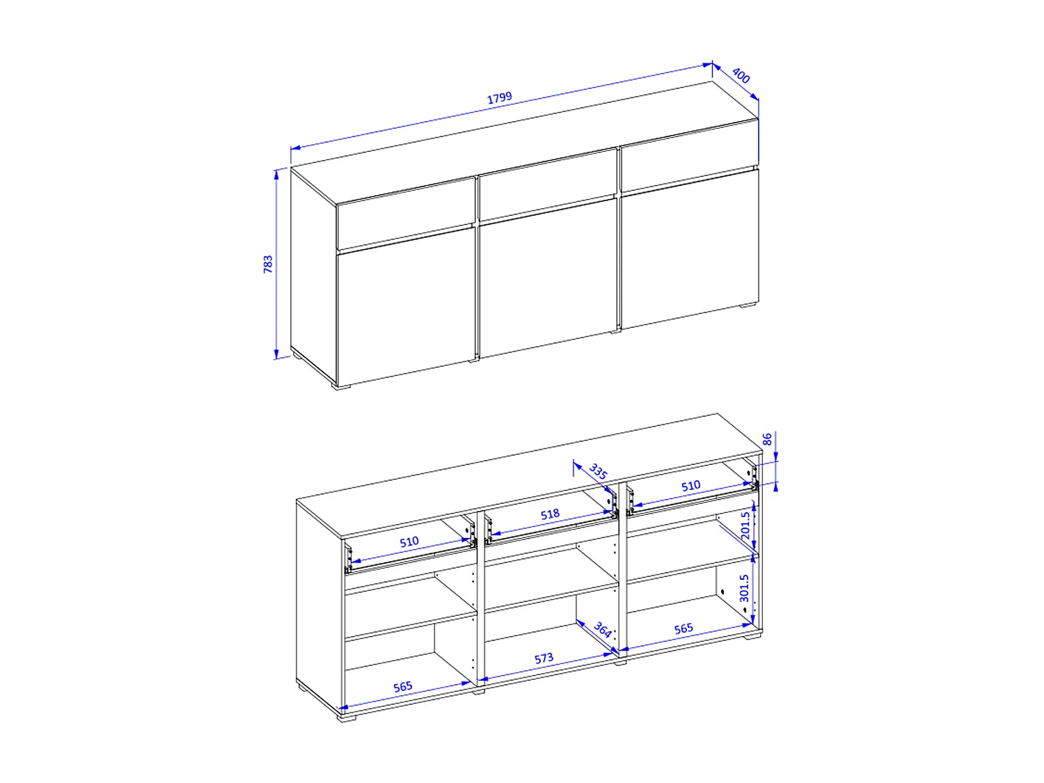 Lilia Houten 3-deurs dressoir met 3 laden