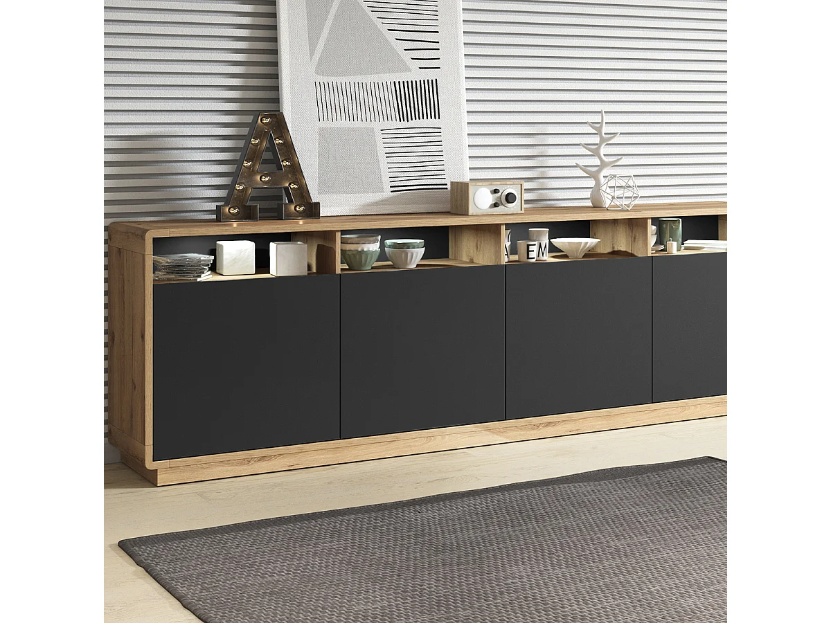 Buffet 4 portes Raven Noir et Bois