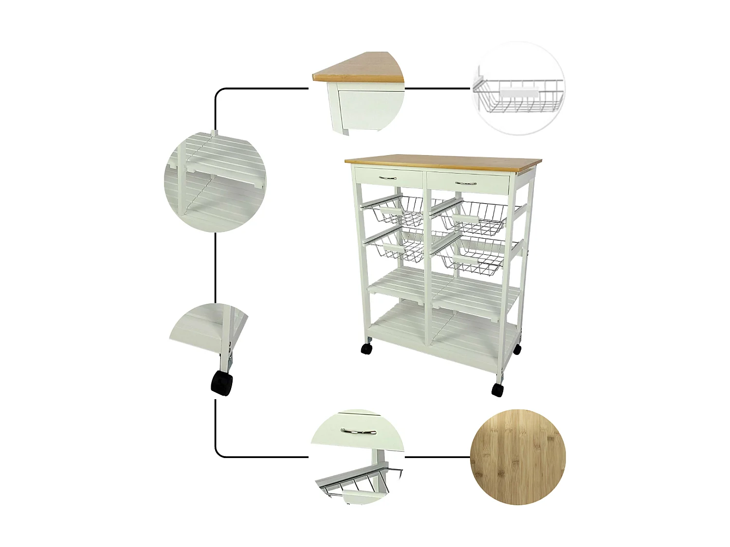 Meyvaser - Carro de Cocina de Cocina con Ruedas con 4 cestas extraíbles 4 bandejas y 2 cajones Oporto 8 Color Blanco 87x 67 x 37 Cm