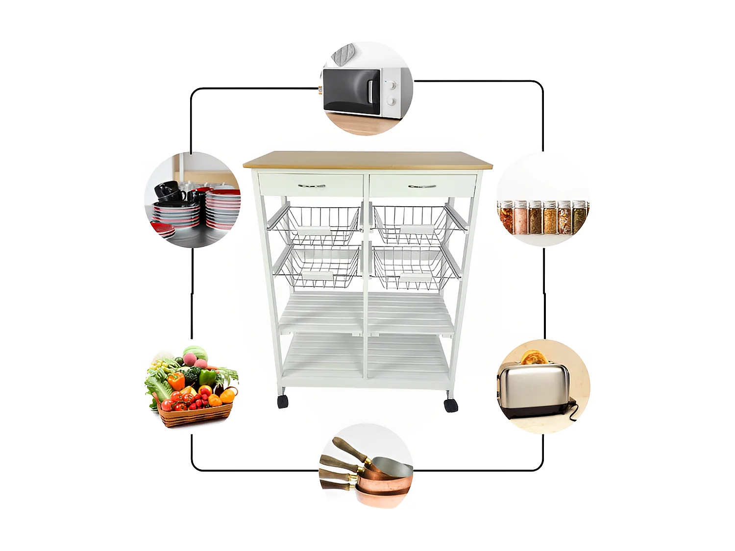 Meyvaser - Carro de Cocina de Cocina con Ruedas con 4 cestas extraíbles 4 bandejas y 2 cajones Oporto 8 Color Blanco 87x 67 x 37 Cm