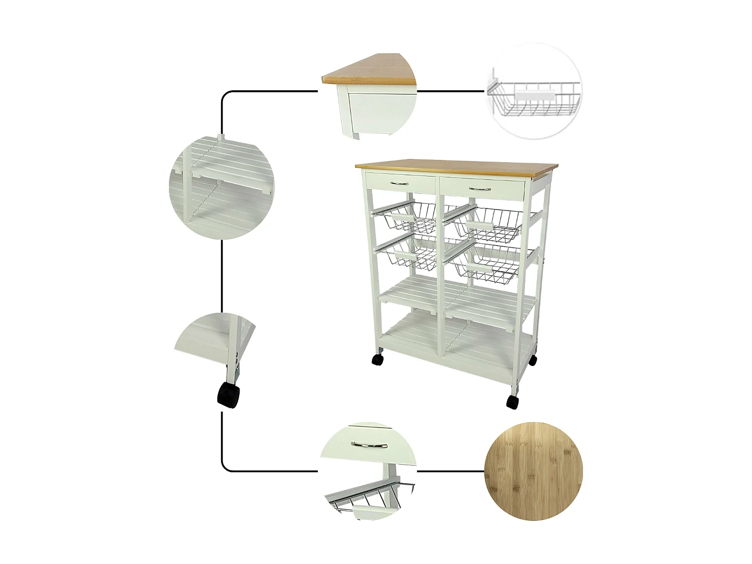 Meyvaser - Carro de Cocina de Cocina con Ruedas con 4 cestas extraíbles 4 bandejas y 2 cajones Oporto 8 Color Blanco 87x 67 x 37 Cm