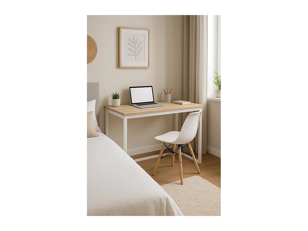 Meyvaser - Mesa de Escritorio 120 Cm de ancho con patas de Metal Blanco y tapa de madera 58x74x120 Cm