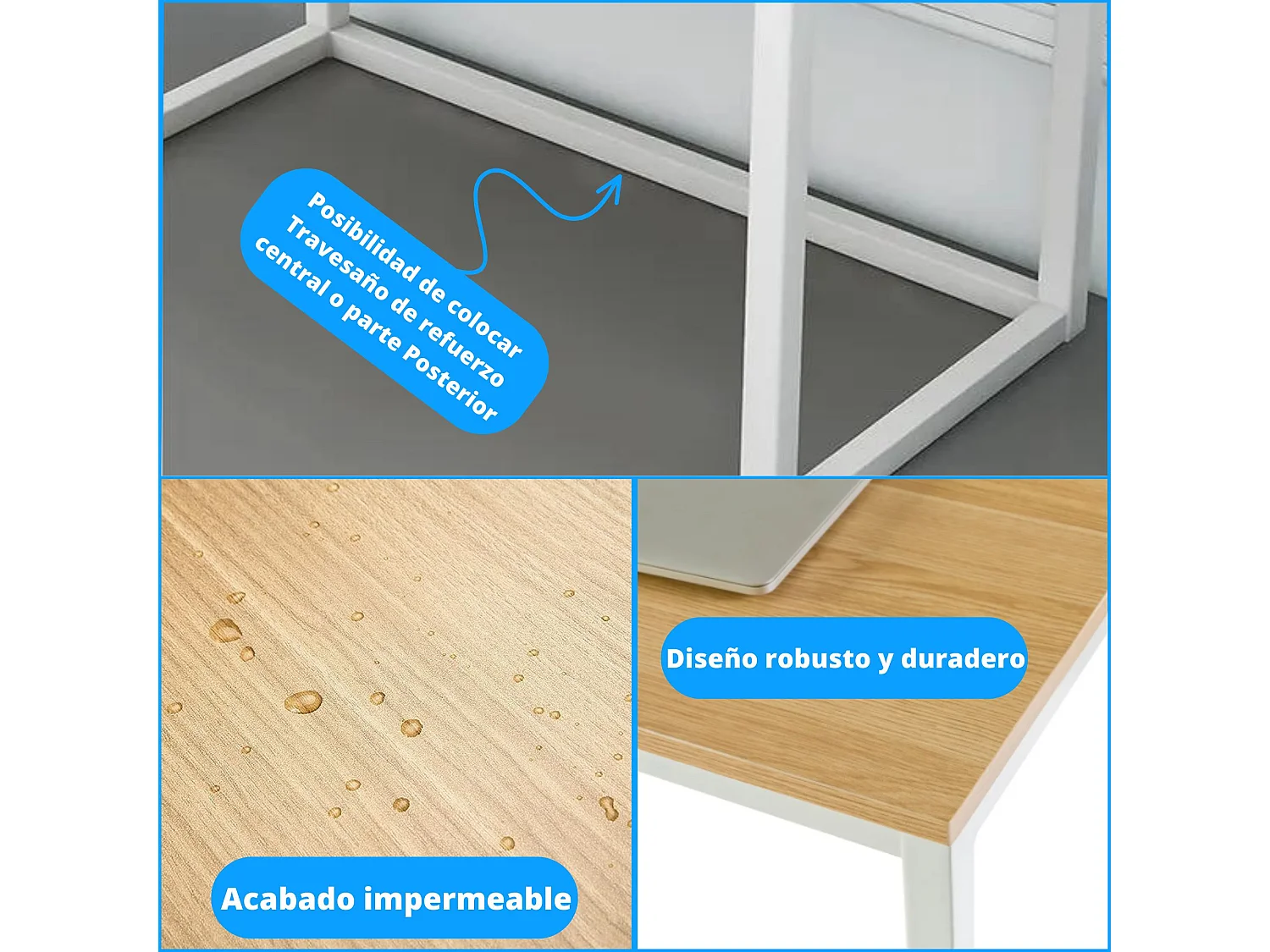 Meyvaser - Mesa de Escritorio 120 Cm de ancho con patas de Metal Blanco y tapa de madera 58x74x120 Cm