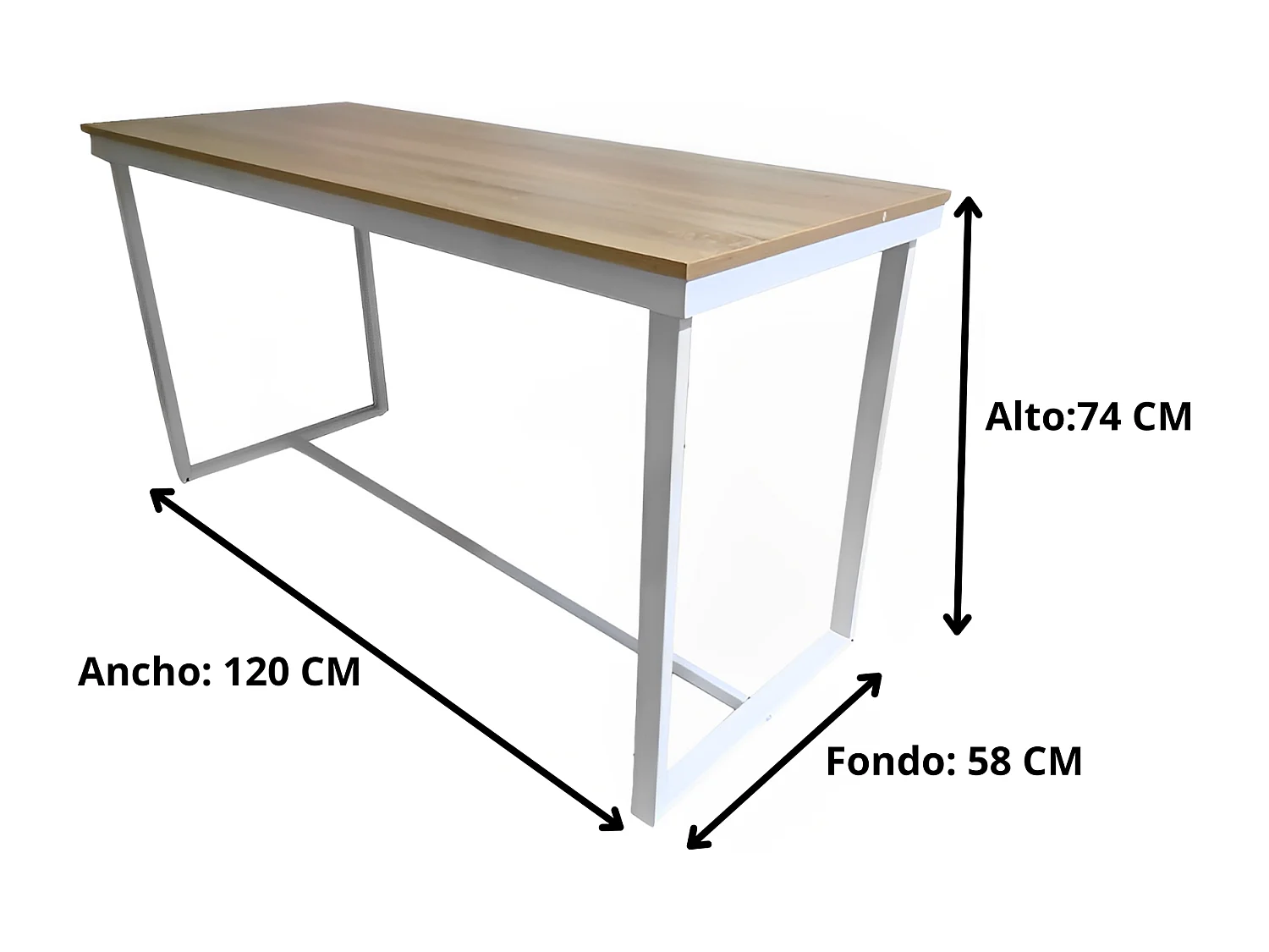 Meyvaser - Mesa de Escritorio 120 Cm de ancho con patas de Metal Blanco y tapa de madera 58x74x120 Cm
