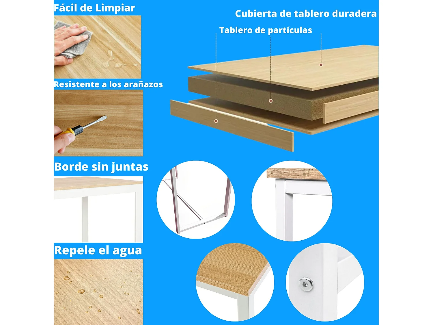 Meyvaser - Mesa de Escritorio 120 Cm de ancho con patas de Metal Blanco y tapa de madera 58x74x120 Cm