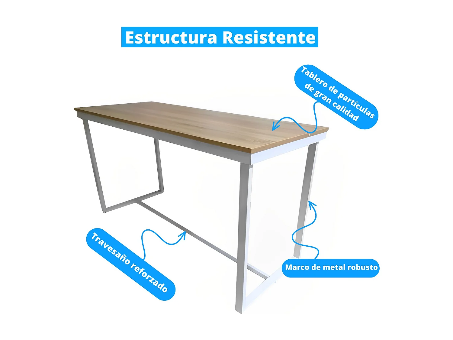 Meyvaser - Mesa de Escritorio 120 Cm de ancho con patas de Metal Blanco y tapa de madera 58x74x120 Cm