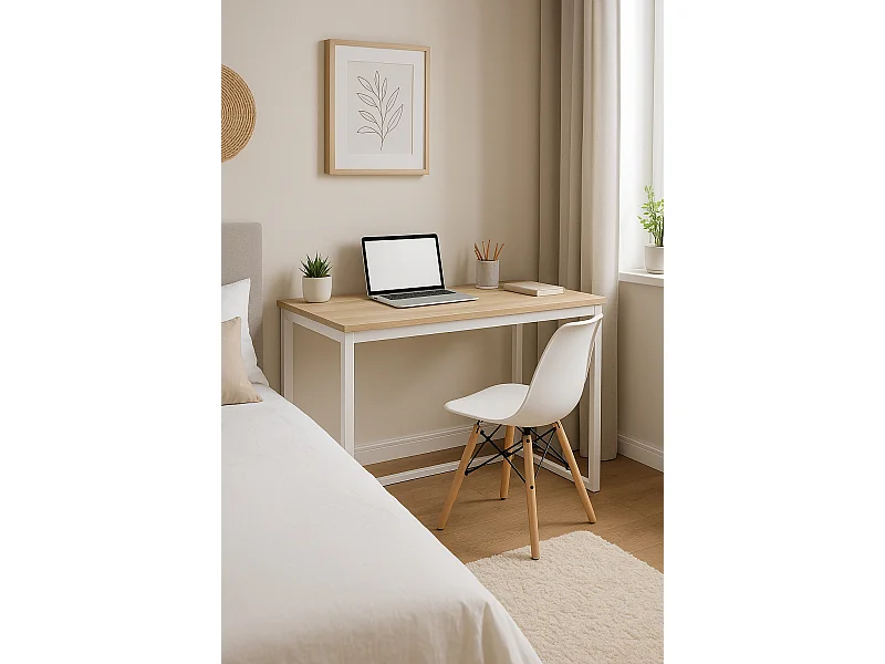 Meyvaser - Mesa de Escritorio 120 Cm de ancho con patas de Metal Blanco y tapa de madera 58x74x120 Cm